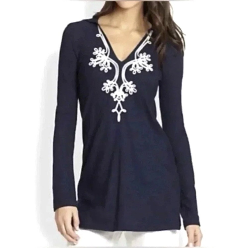 Lilly Pulitzer Noelle Hoodie Tunic Women M S Navy White Soutache Coastal $158